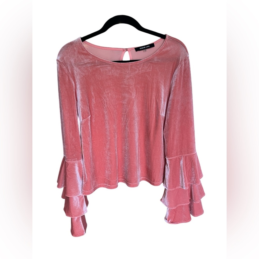 Sugar + Lips Pink Velvet Bell Sleeve Top Fairycore Soft Glam Boho Blouse M